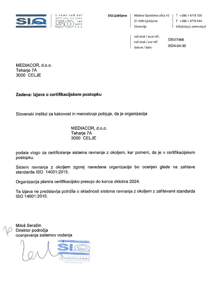 postopek certificiranja ISO 14001